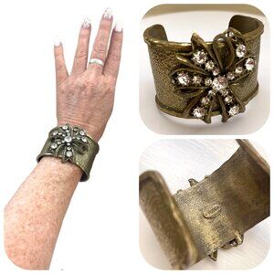 Yosca Vintage Hammered Brass crystal bow cuff statement bracelet